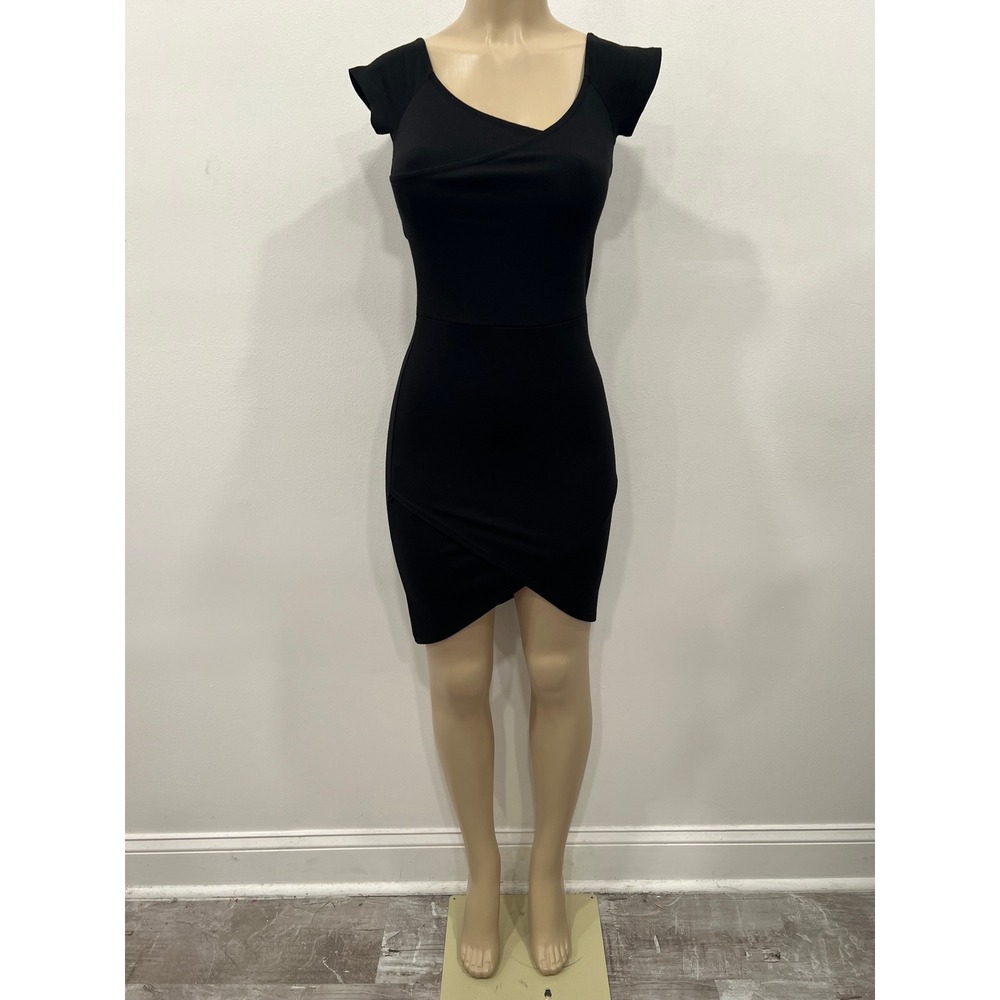 Forever 21 Women M Black Bodycon Mini Dress Wrap Tulip Hem Off Shoulder LBD